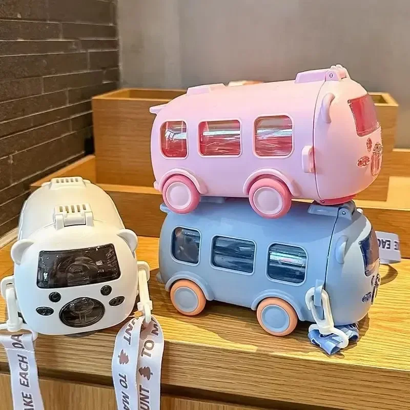500ml// Cute Bear Portable Water Bottle With Shoulder Strap Kid Car Straw Water Cup Bus Shape Water Bottle Drinking Cup