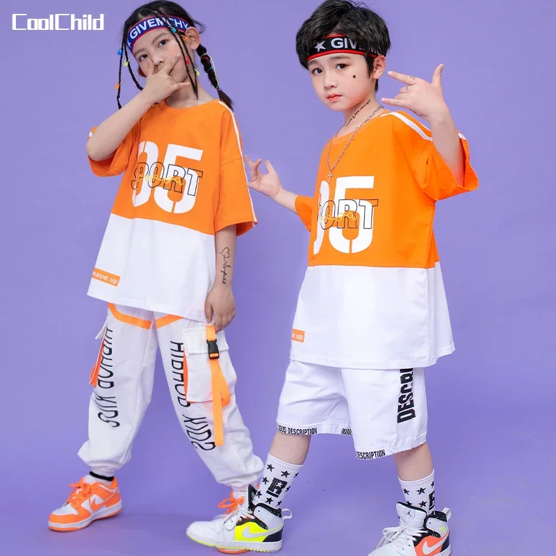 

Boys Hip Hop Contrast T-shirt Cargo Pants Girls Street Dance Shorts Children Loose Streetwear Kids Jazz Costumes Clothes Sets