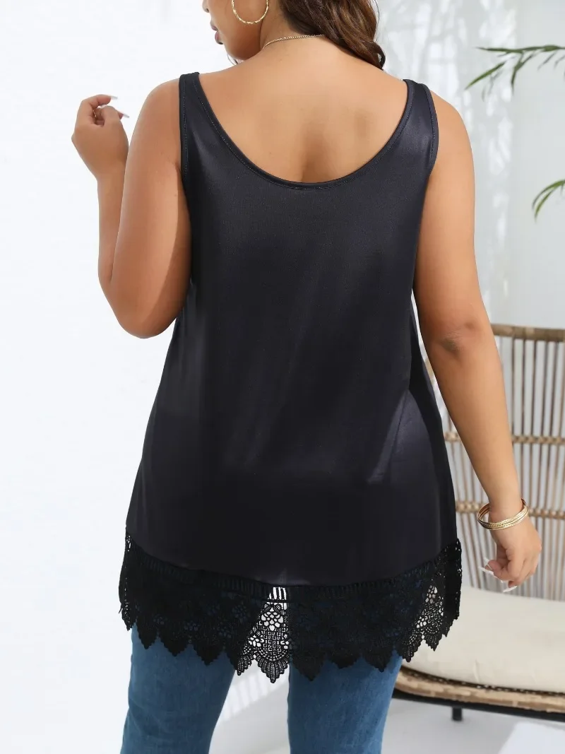 Plus Size 1XL-5XL Women's Casual Lace Patchwork Rose Print Vest, Fashionable and Loose, Wide Shoulder Strap Sleeveless Vest