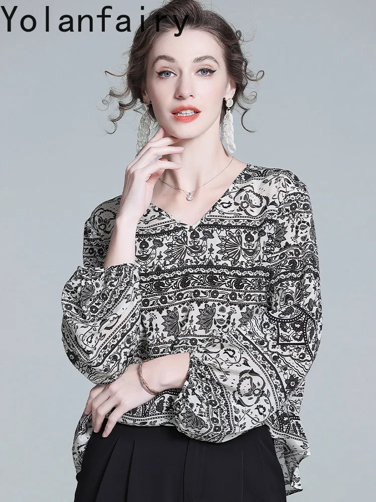 YOLANFAIRY New High Quality 100% Real Mulberry Silk Blouse for Woman 2026 Vintage Elegant Tops Printed Loose Shirts and Blouses