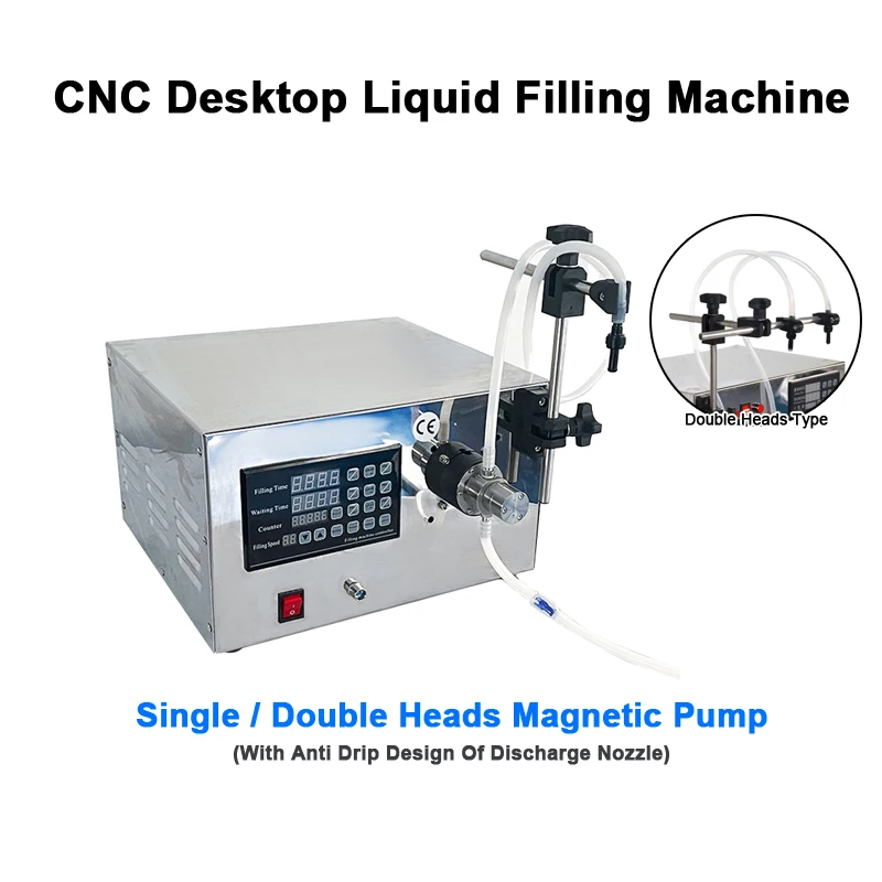 

CNC Desktop Liquid Filling Machine Single Or Double Heads Magnetic Pump For Soft Drink Wine Vinegar Products Split Charging 60W