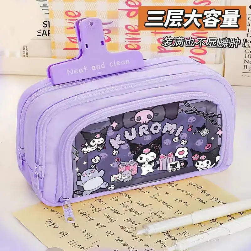 Sanrio cartoon kuromiCinnamoroll anime pencil case large capacity three-layer stationery cute storage bag pencil bag gift kawaii