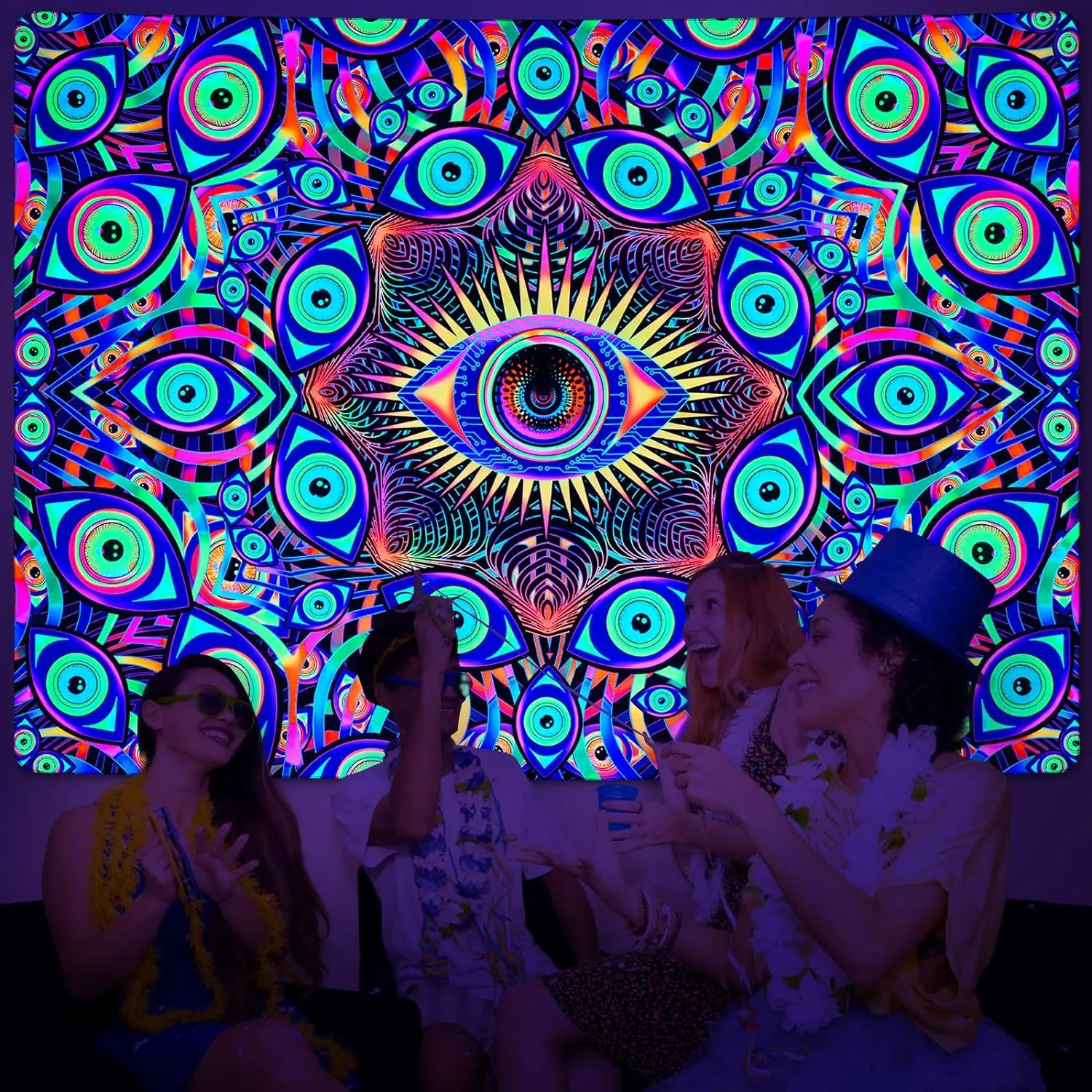 Blacklight Eyes Tapestry Boho Mandala Tapestries Hippie UV Reactive Large Colorful Wall Hanging Trippy Art for Bedroom Decor