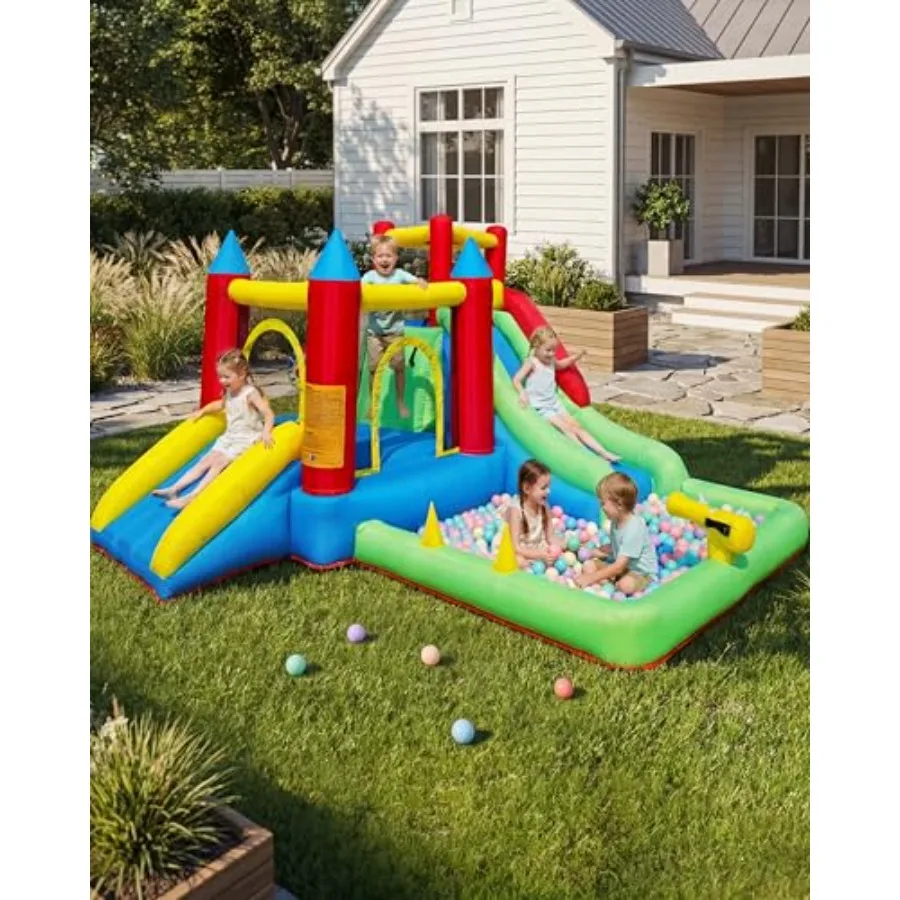 

Надувной батут-замок 9-в-1 для детей от 3 лет с водной горкой для игр на мокрой или сухой поверхности, а также батутом, скалодромом и шариковой дорожкой