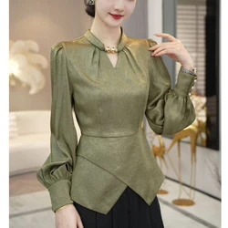 Women's Vintage Stylish Luxury Slim Fit Blouse Office Lady Elegant Business Casual Irregular Shirt Solid V Neck Long Sleeve Tops