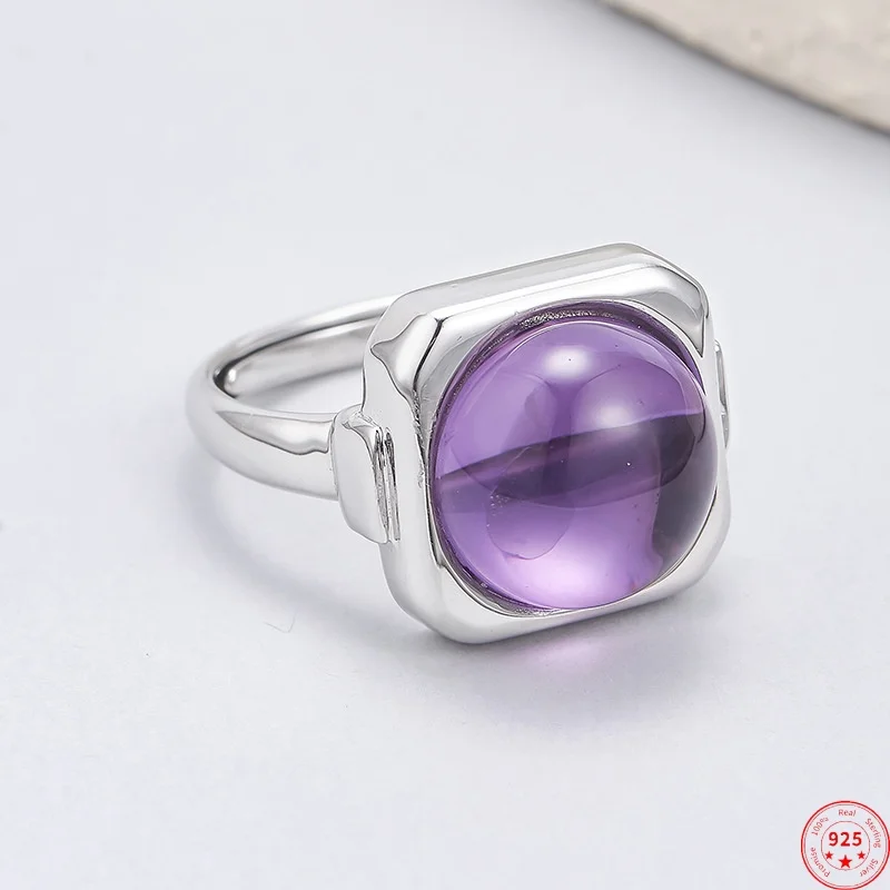 

S925 Sterling Silver Rings for Women Men Square Inlaid Cabochon Natural Amethyst Fashion Minimalist Jewelry Wholesale