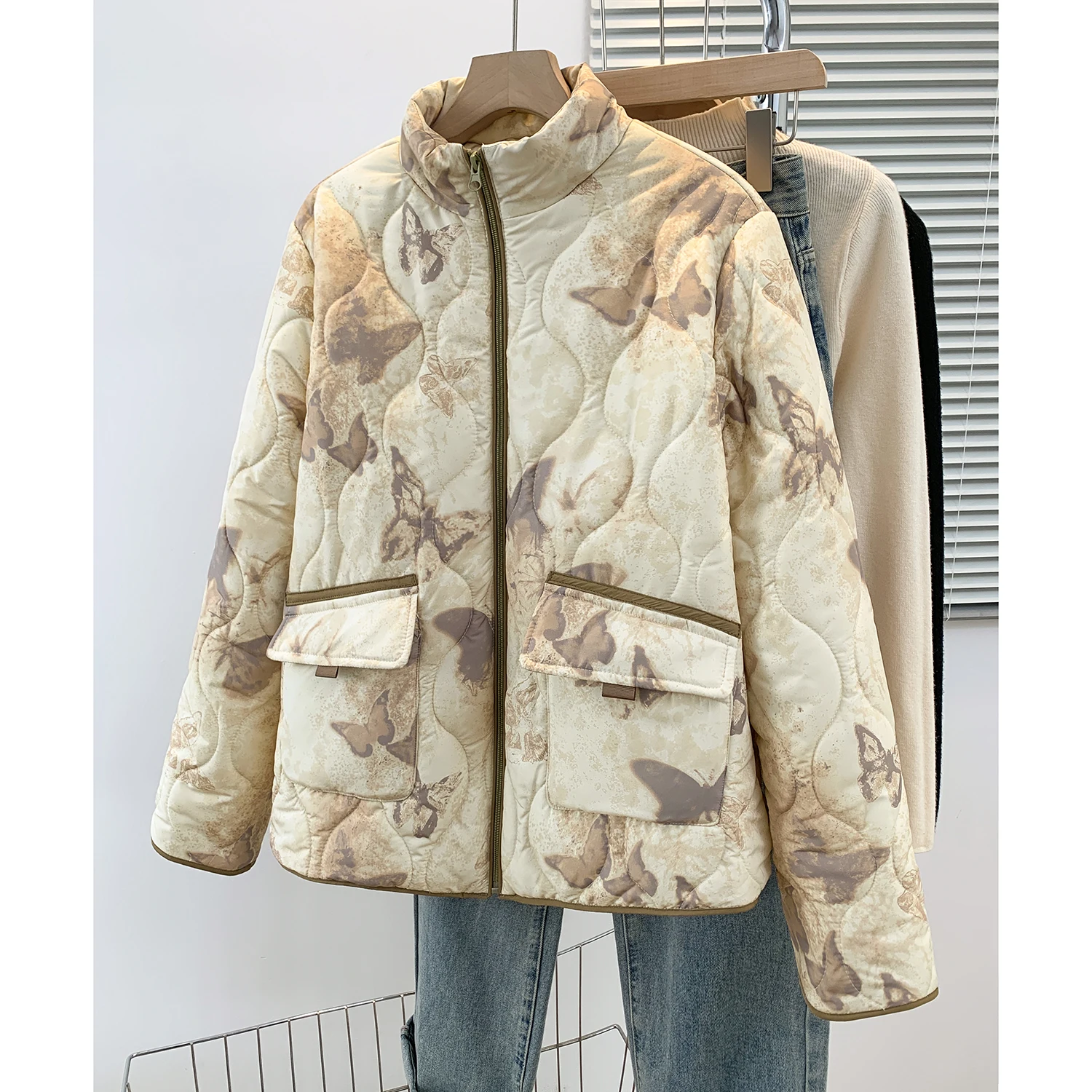 

Korean Sle plus Size Women's Cotton Jaet Stand Collar Color Blo Versatile Autumn Winter New Arrival Commute Sle