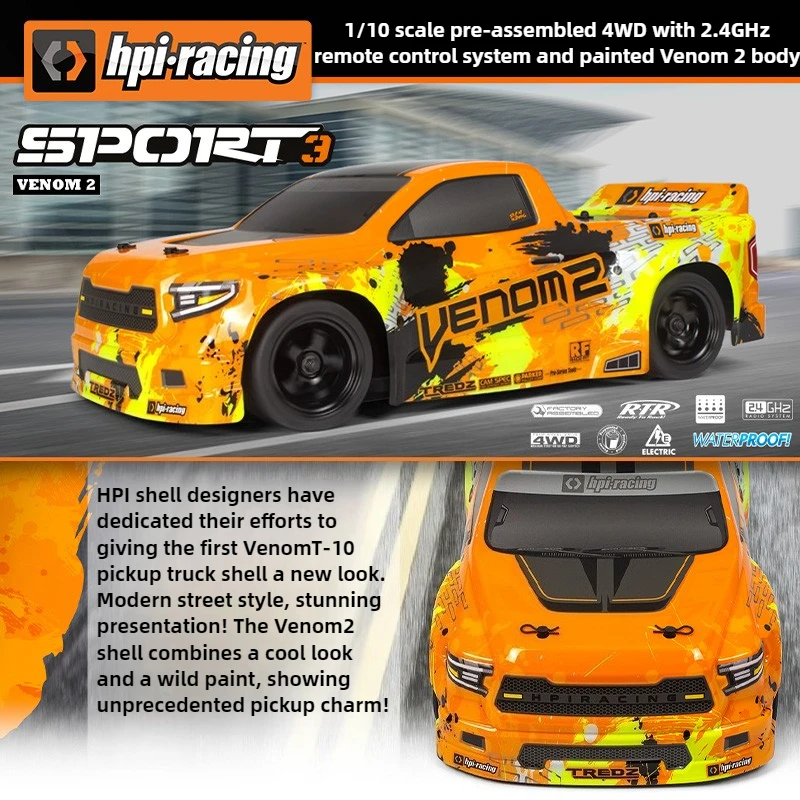 Coche de derrape RC 1/10 Venom2 4WD, pastilla sin escobillas, eléctrico, bajo, Control remoto, carrera plana, modelo RV, juguete para regalo para adultos