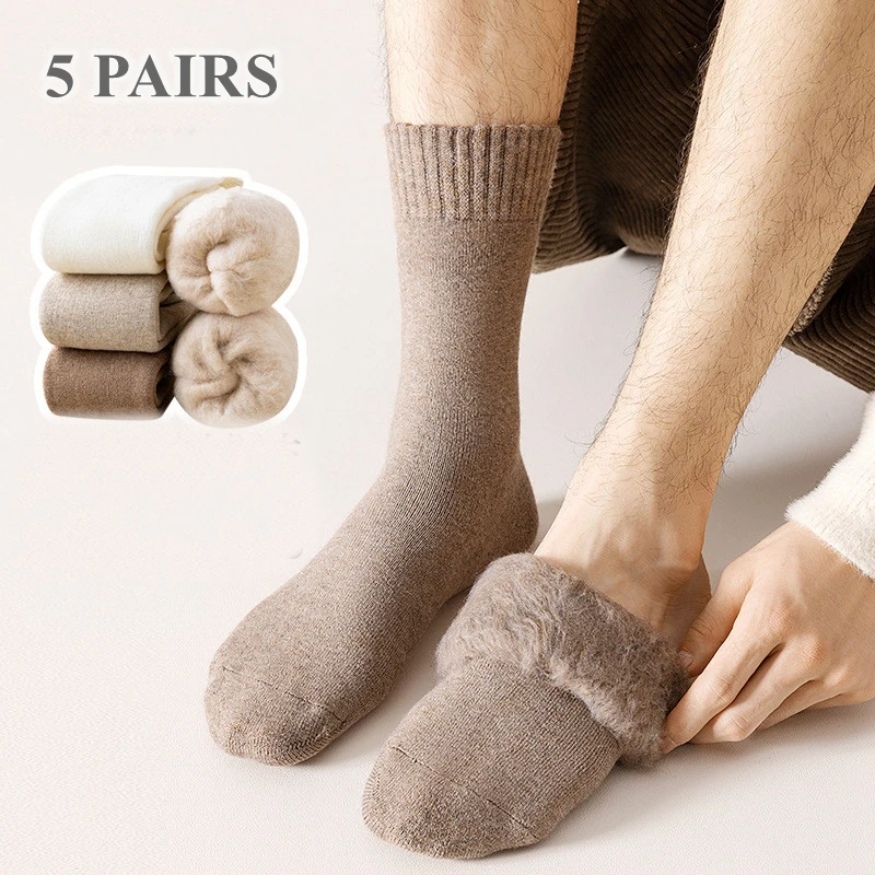 5 Pairs Winter Socks Men Thick Thermal Warm Socks Man Fuzzy Furry Middle Tube Crew Socks Cozy Fleece