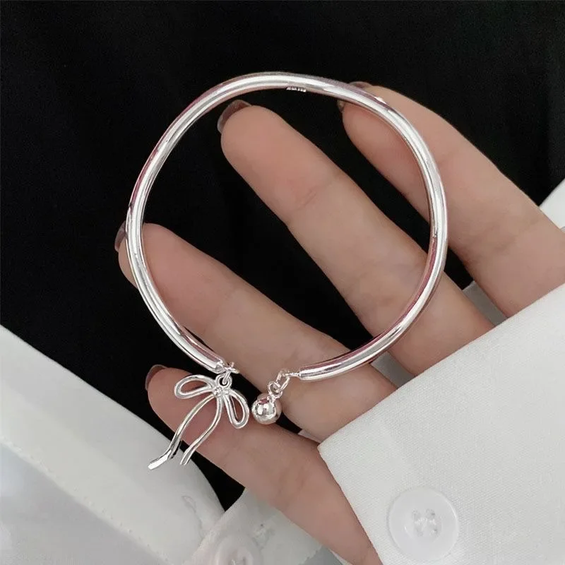 

Real 925 Sterling Silver BowKnot Bell Charm Cuff Bangles for Women Party Cute Fine Jewelry Minimalist Light Luxury Accessories