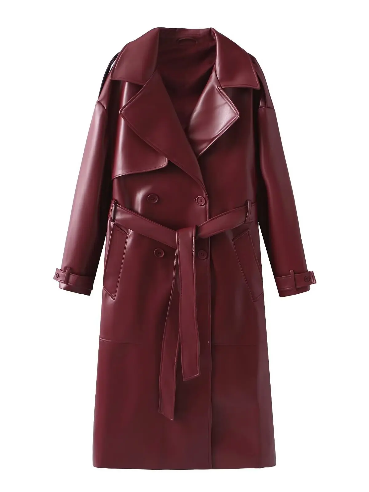 Faionable longo sve couro do plutônio blusão casaco feminino solto ajuste colarinho jaet com cinto outono inverno nova chegada