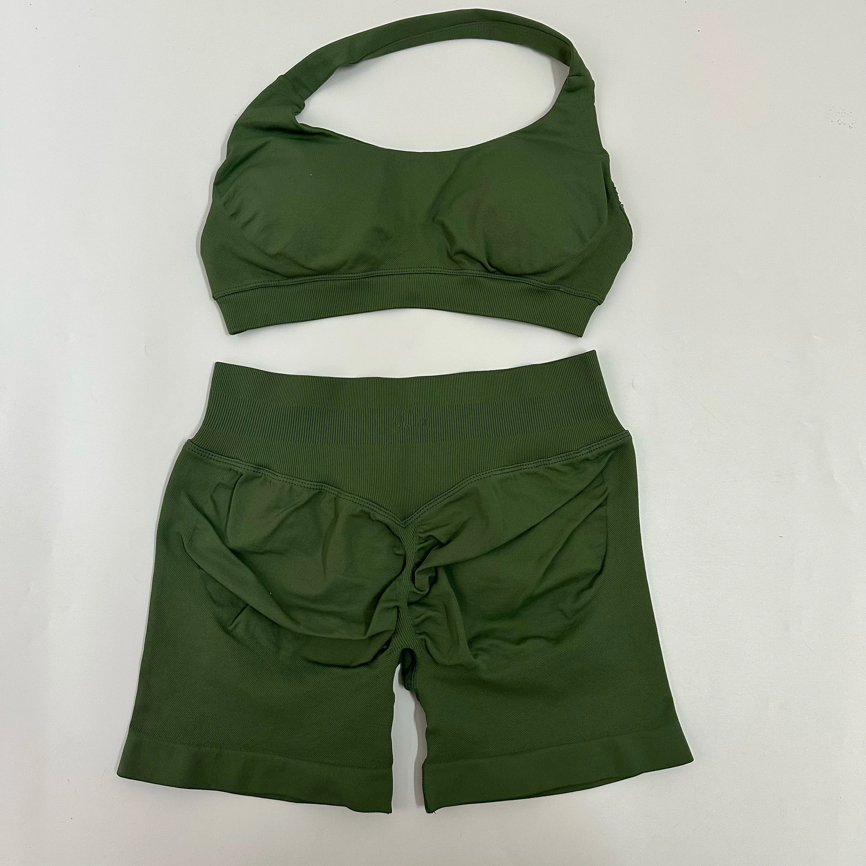Yoga Shorts Sets Seamless Yoga Set Women 2Pcs Halter Sports Bra Scrunch Butt Gym Shorts Set Workout Clothes Summer Sportswear