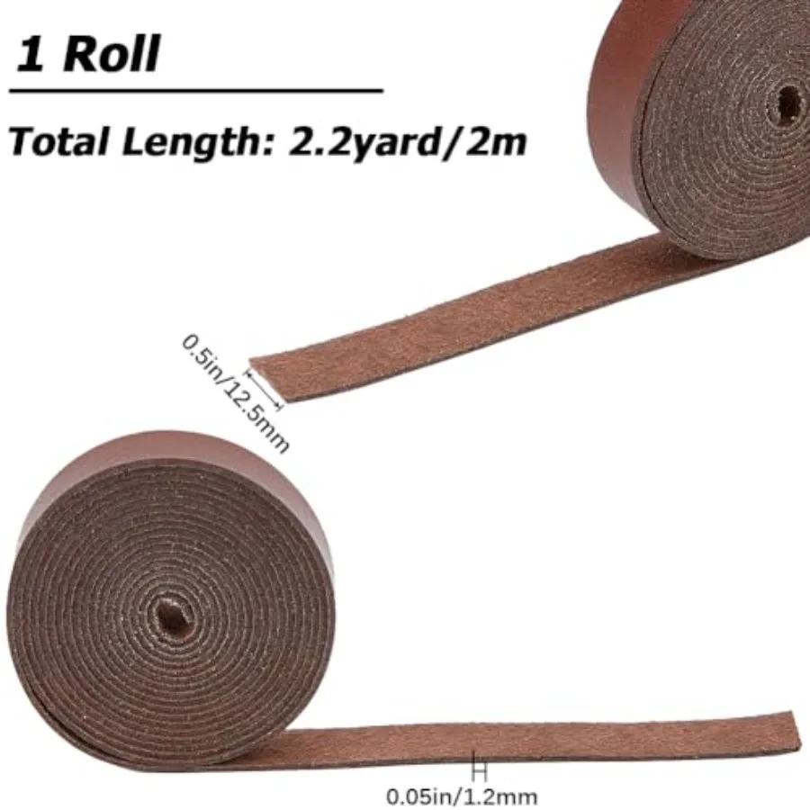 2m x 12.5mm Leather Strap Strips Flat Leather Cord 1.2mm Thick Lychee Grain Threads Rope Strings for DIY Crafts Guitar Belt Boo