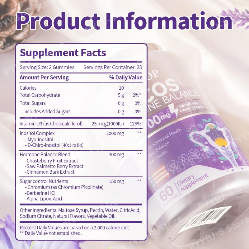 DHOP Inositol Complex Gummies for Ovulation Support and Follicular Development with Vitamin D3 for Cycle Regularity 60 Gummies
