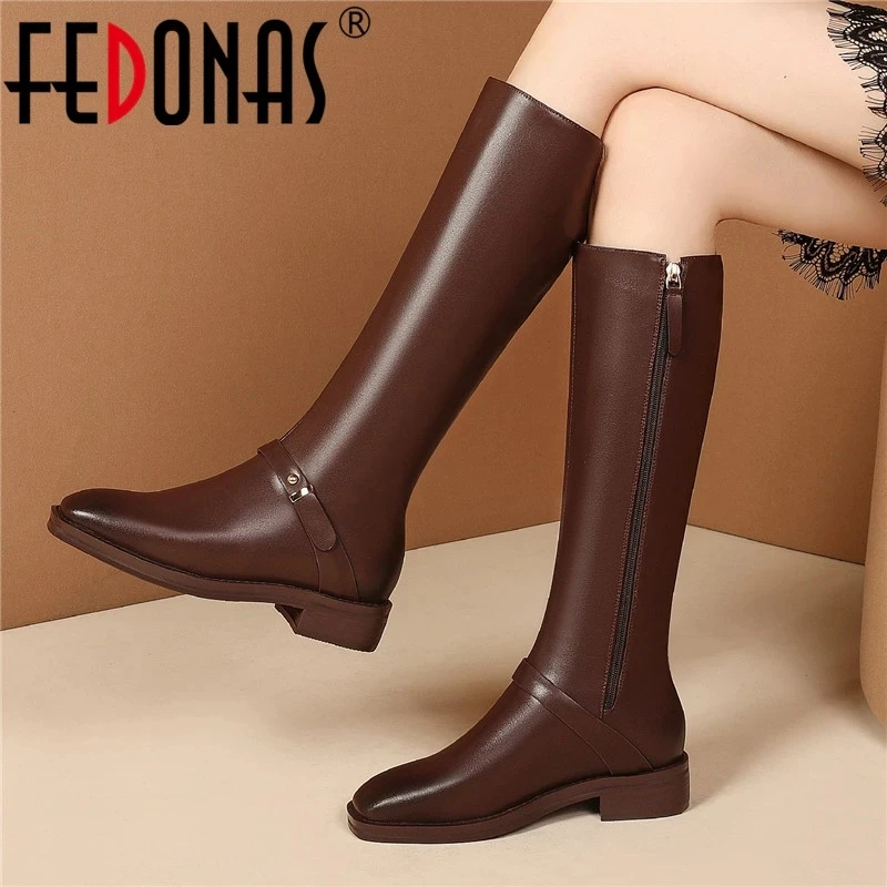 FEDONAS Elegant Fashion Winter Newest Knee High Boots Genuine Leather Square Toe Thick Heels Pumps 2025 Party Shoes Woman