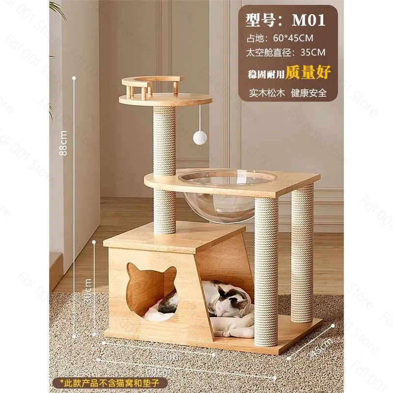 Large Solid Wood Cat Climbing Frame, Multi-Level Scratching Board with Space Capsule