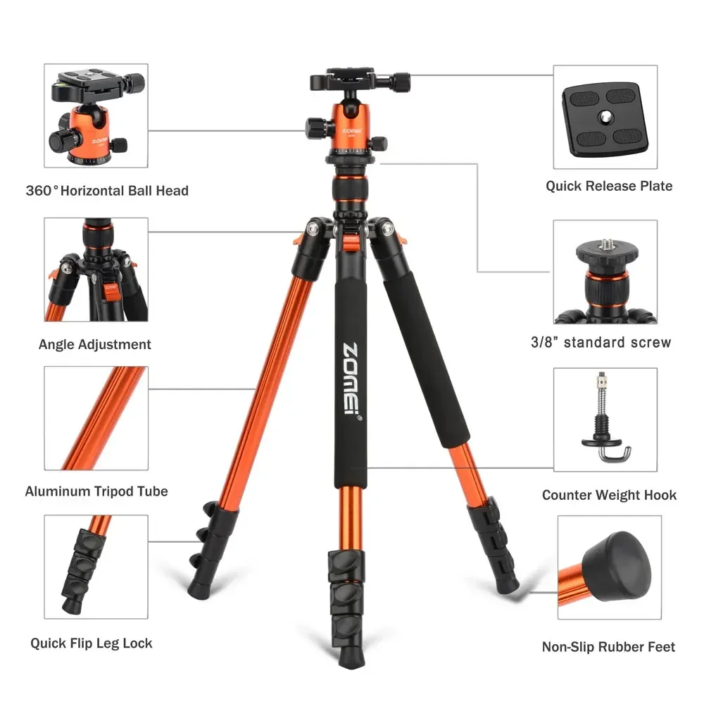 ZOMEI Q555 Professional Aluminium Camera Tripod 157cm &Ball Head Travel tripod stand for Canon Nikon Camera Load up to 5KG