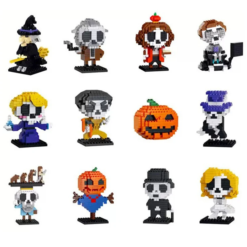 Halloween Pumpkin Cartoon Doll Micro-Particle Building Blocks Puzzle Assembly Handmade Skeleton Ornaments Educational DIY Kit