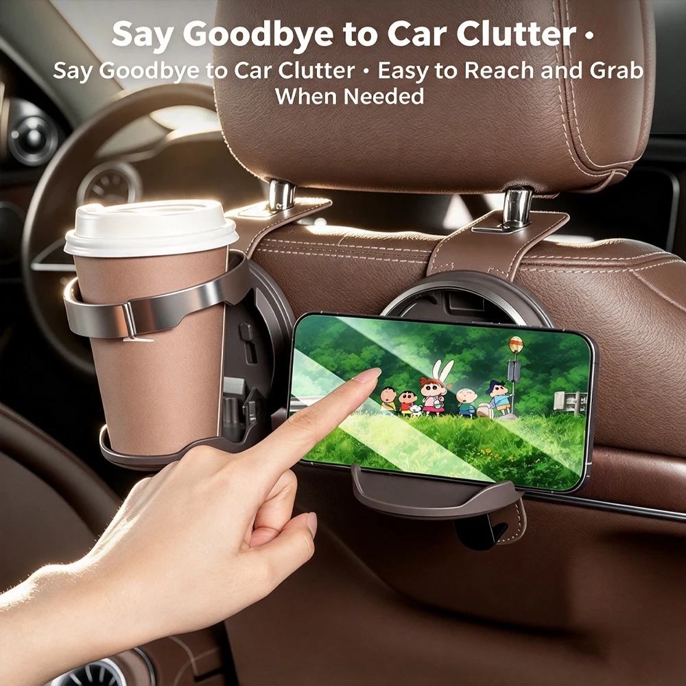 2Pcs Multifunctional Car Headrest Hook Built-in Foldable Cup Holder Leather Car Seat Back Organizer Water Bottle Holder Hanger
