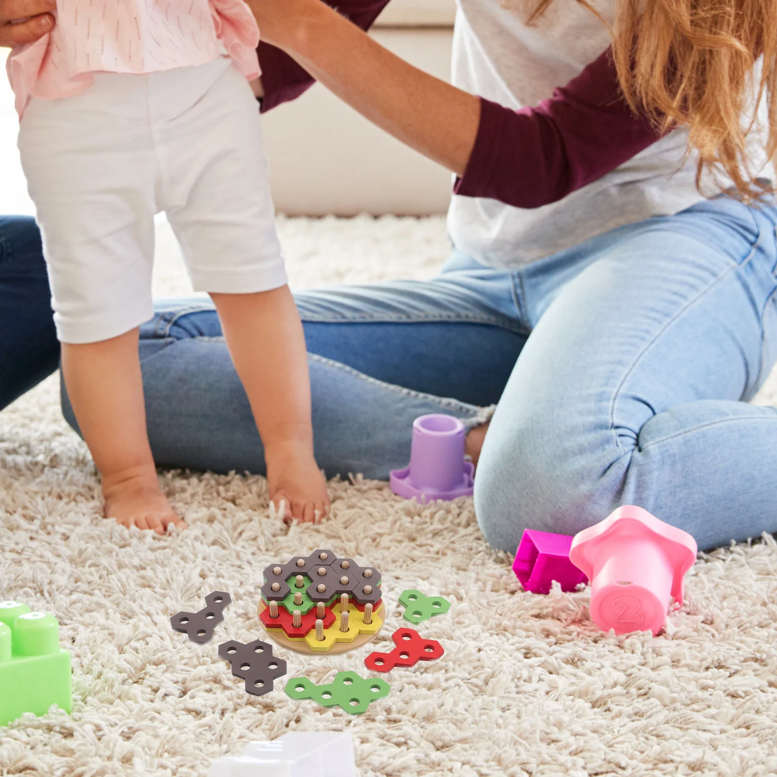 เกมต่อบurgerไม้แบบมอนเตสซอรี่ ฝึกการจับคู่รูปทรงและสี เสริมพัฒนาการกล้ามเนื้อมัดเล็ก ฝึกสมองสำหรับเด็กเล็ก