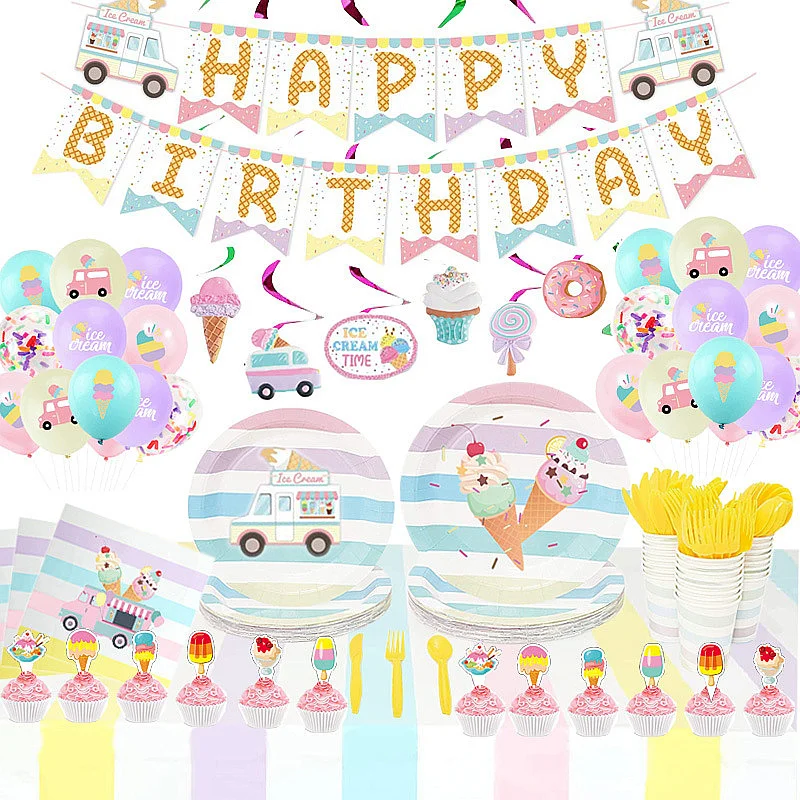 Ensemble de vaisselle jetable pour enfants, crème glacée, fournitures de décoration pour fête d'anniversaire
