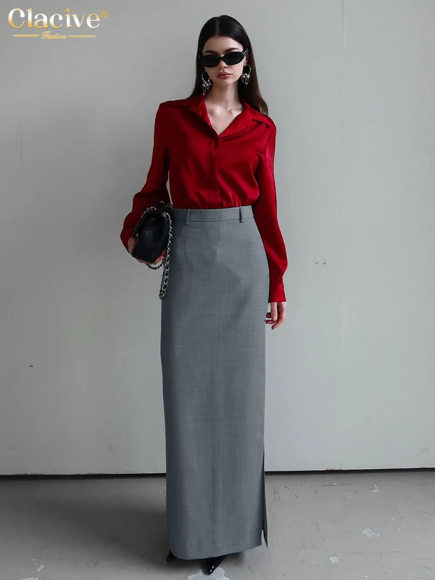Clacive Fashion Loose Gray Office Women's Skirt 2025 Casual High Waist Maxi Skirt Elegant Classic Slit Skirt Female Clothing