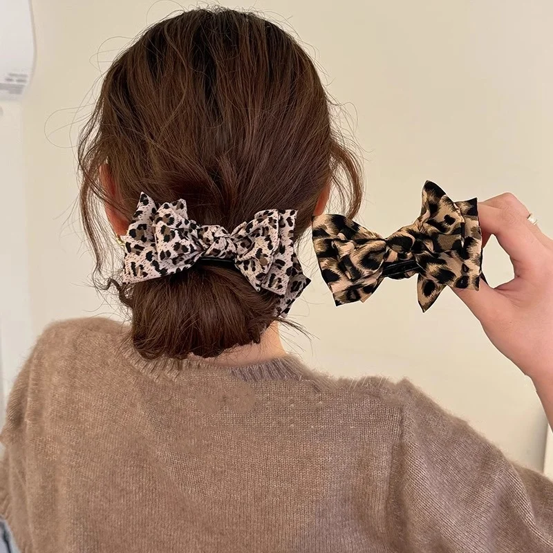1PC Leopard Bow Marble Head Grab Clip Advanced Sense Net Red New Temperament Fashion Plate Fixed High Ponytail Hair Clip image 4