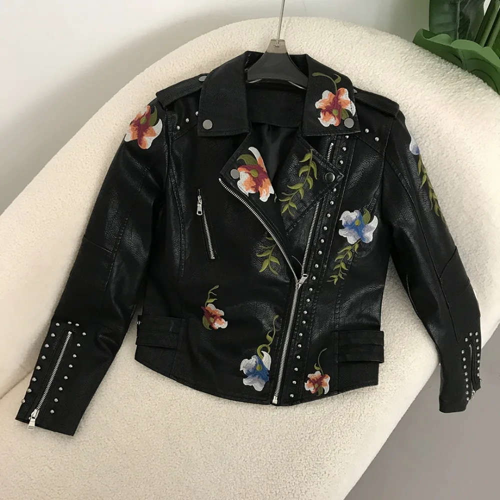 PU Leather Jackets Women\'s  Embroidered Rivet Coat Moto & Biker Streetwear Zipper Overcoat 2024 Spring biker jacket Clothes