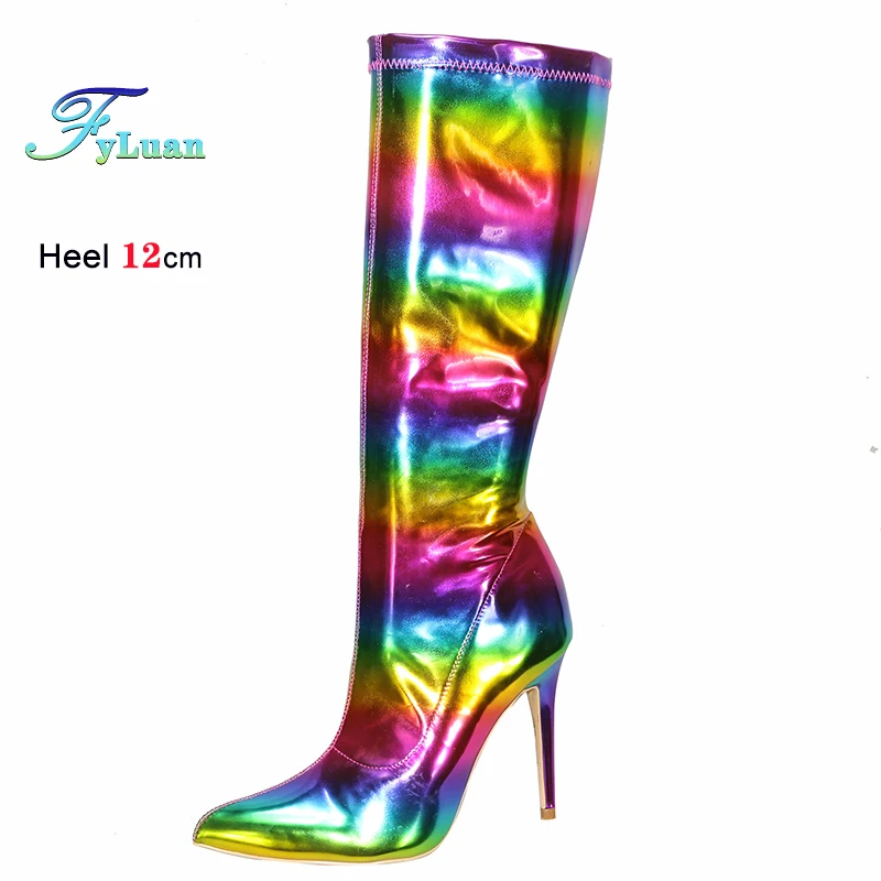 Thin Heels Shiny Rainbow Woman Boots Patent Leather Mirrored Knee High Boots Pointed Toe Ladies Night Club Party Shoes Size 44