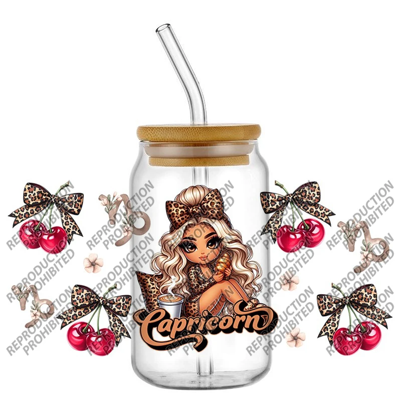 Zodiac Sign Cute Girl UV DTF Cup Wrap Stickers Waterproof Transfer Vivid Print For 16oz Libbey Glass Can Horoscope Tumbler Decal