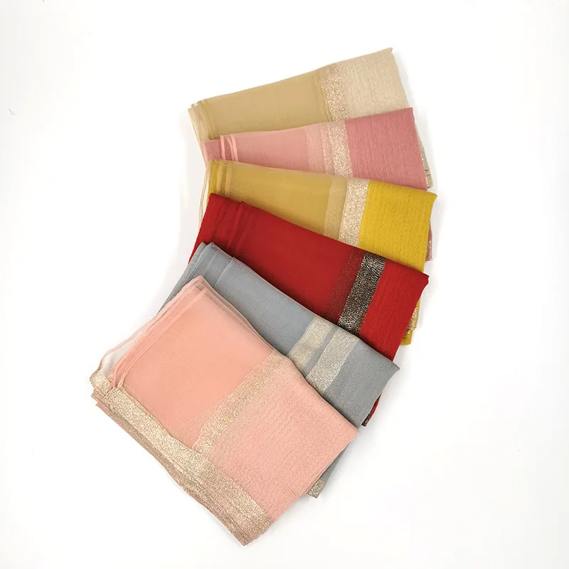 

70*200cm Fashion Women's Thin Soft Imitation Silk Scarf Solid Color Long Headscarf Shawl with Gold Trim Lightweight