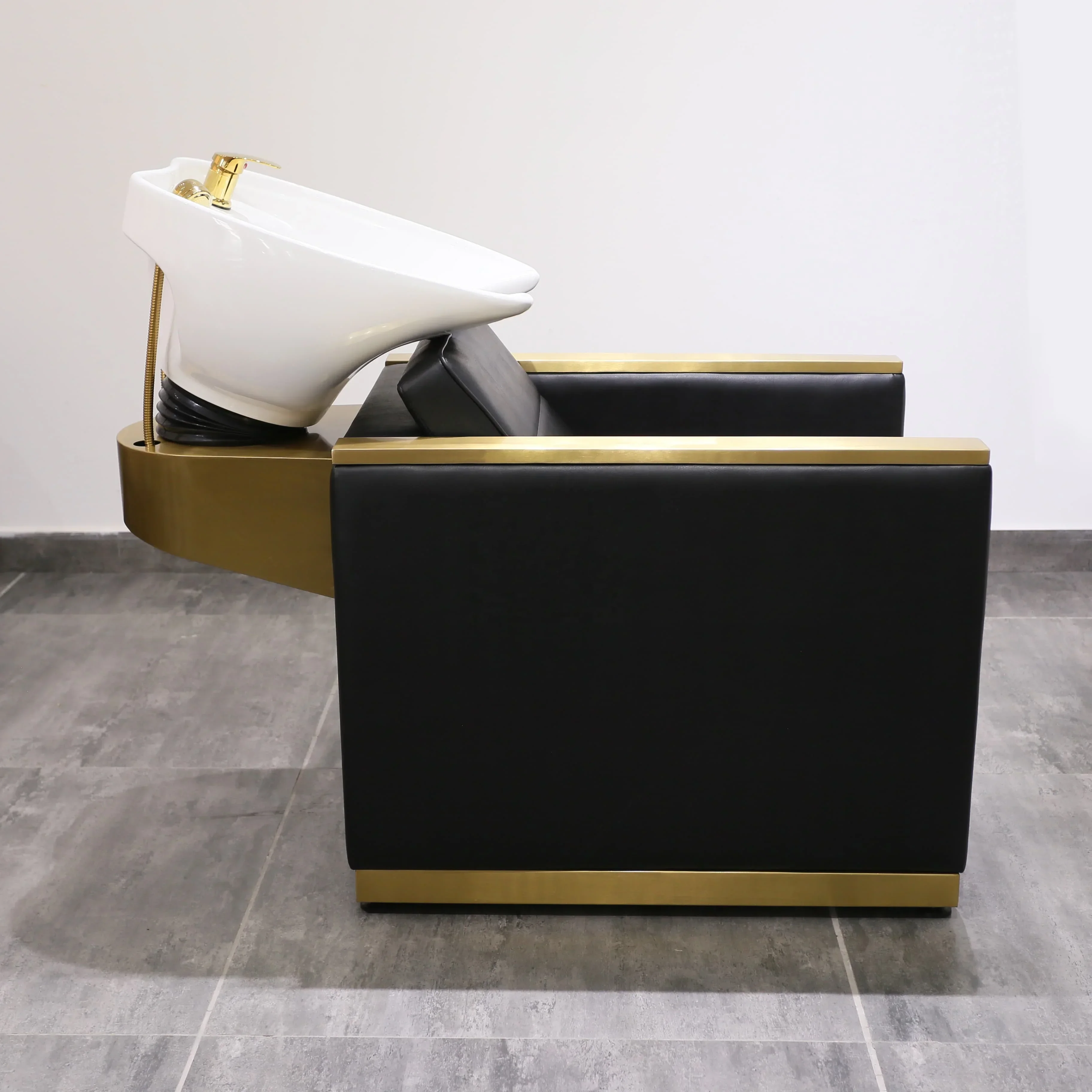 2026 Guangzhou Salon Furniture Gold Shampoo Hair Wash Chair with White Bowl for Black Hair Wash Chair