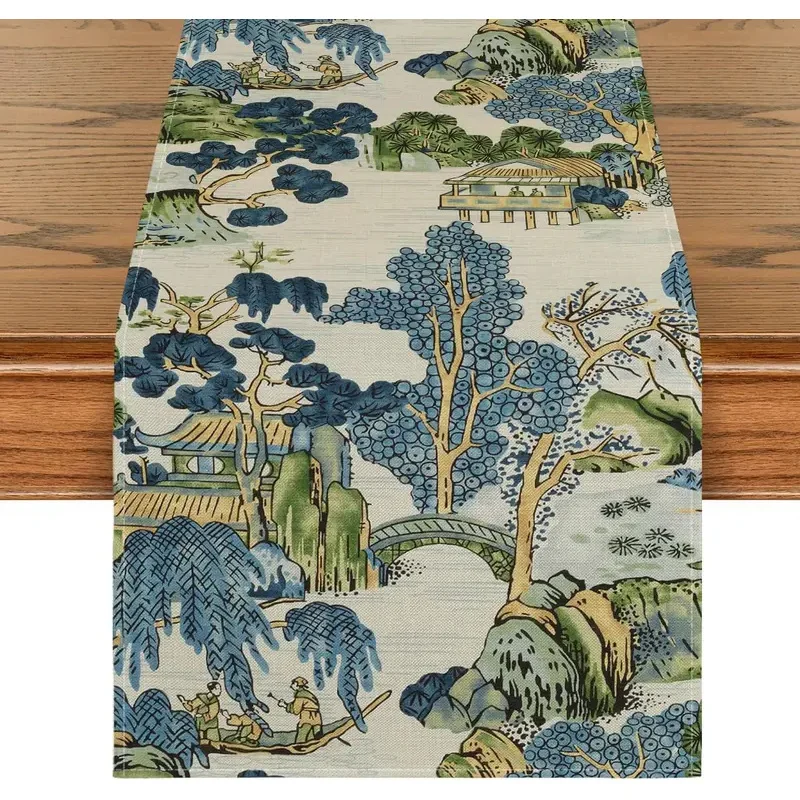 VIKAMA Oriental Chinese Landscape Tree Bridge Print Table Runner, Washable Table Scarf Vintage Asian Scenery Dining Table Decor