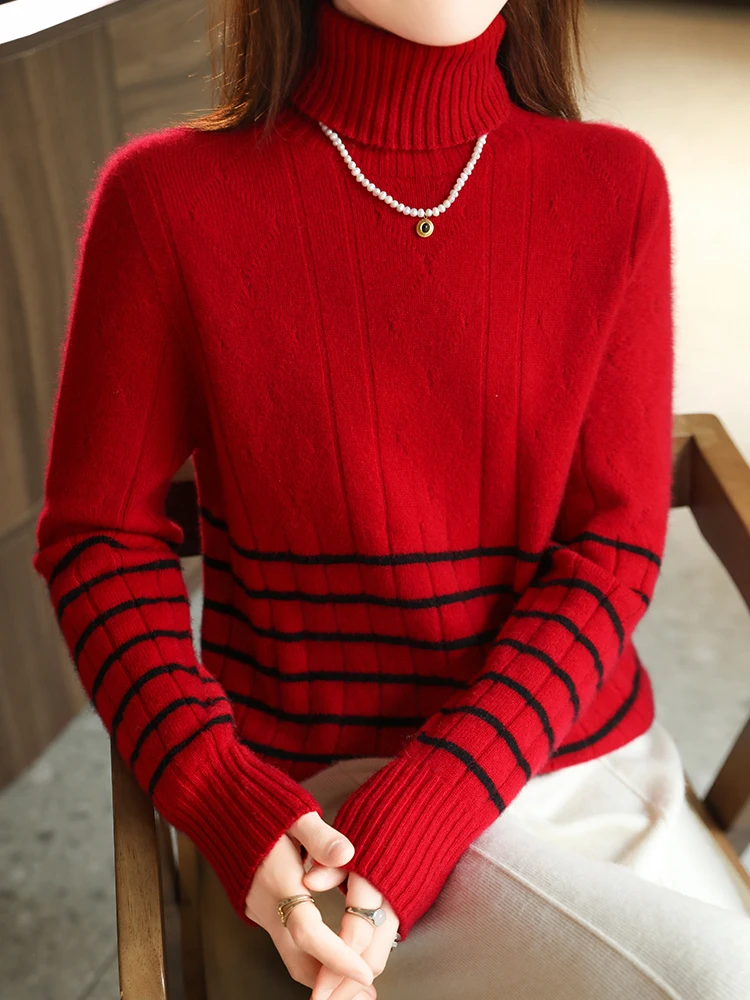 Prosty styl golf w paski jednokolorowy sweter w kratkę wiosna jesień 100% wełna merynosów dzianina damski sweter wygodne topy