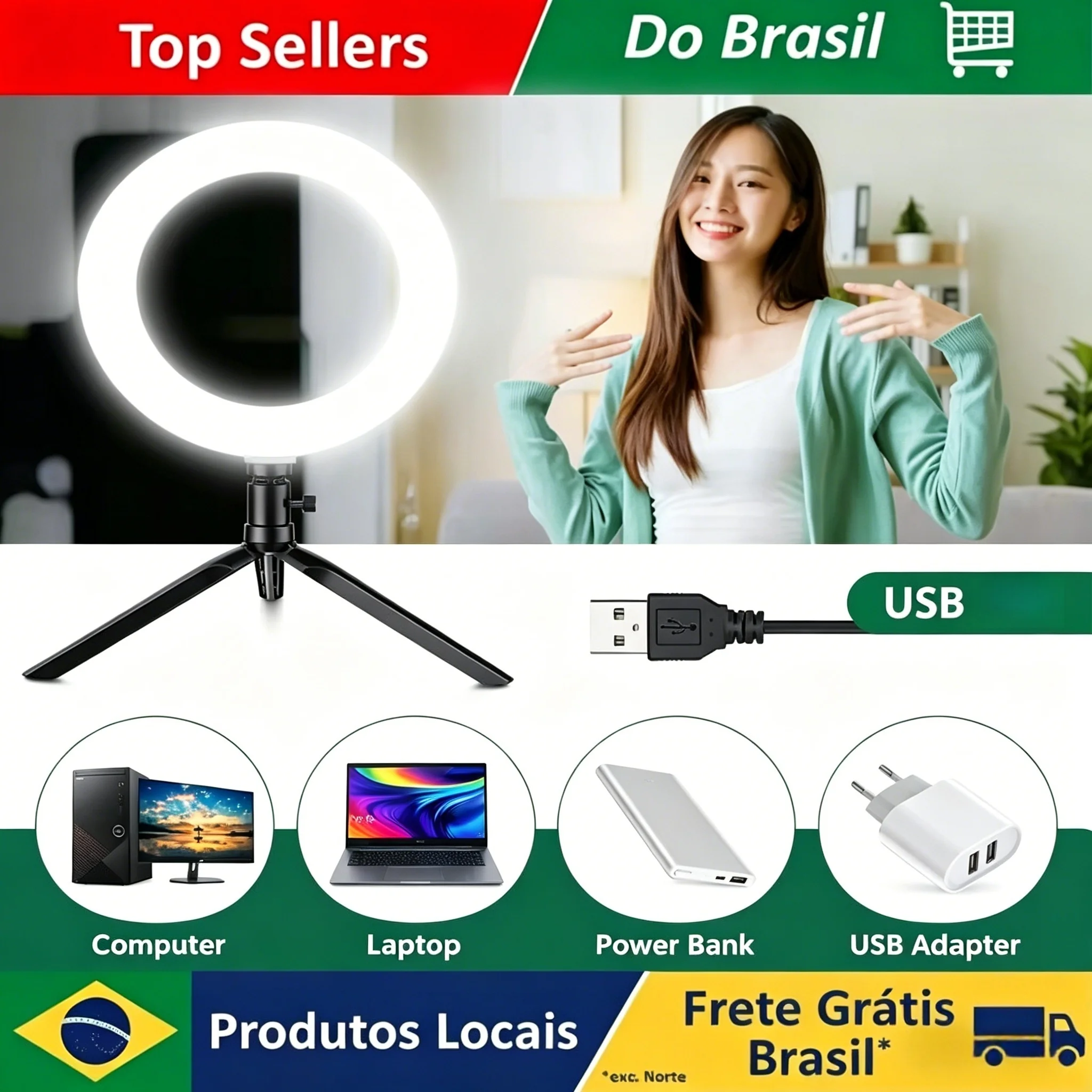 Luz de Anel LED USB de 16cm com Ângulo Ajustável e Tripé para Maquiagem, Vídeos ao Vivo e Gravação de Vlogs