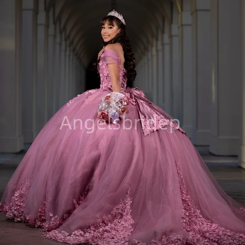 Angelsbridep-Vestido Quinceanera Rosa Querida, Fora do Ombro com Apliques 3D, Vestido Arco de Baile, 16 Doces Vestidos, 16 Anos