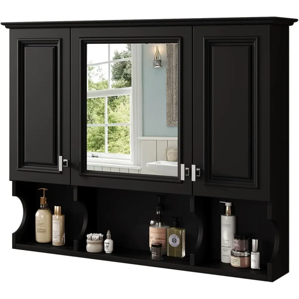 Bathroom Wall Cabinet with Mirror, Wall Mounted Medicine Cabinet with Adjustable Shelves and Open Spaces, 35" x 28" Mirrored Doo