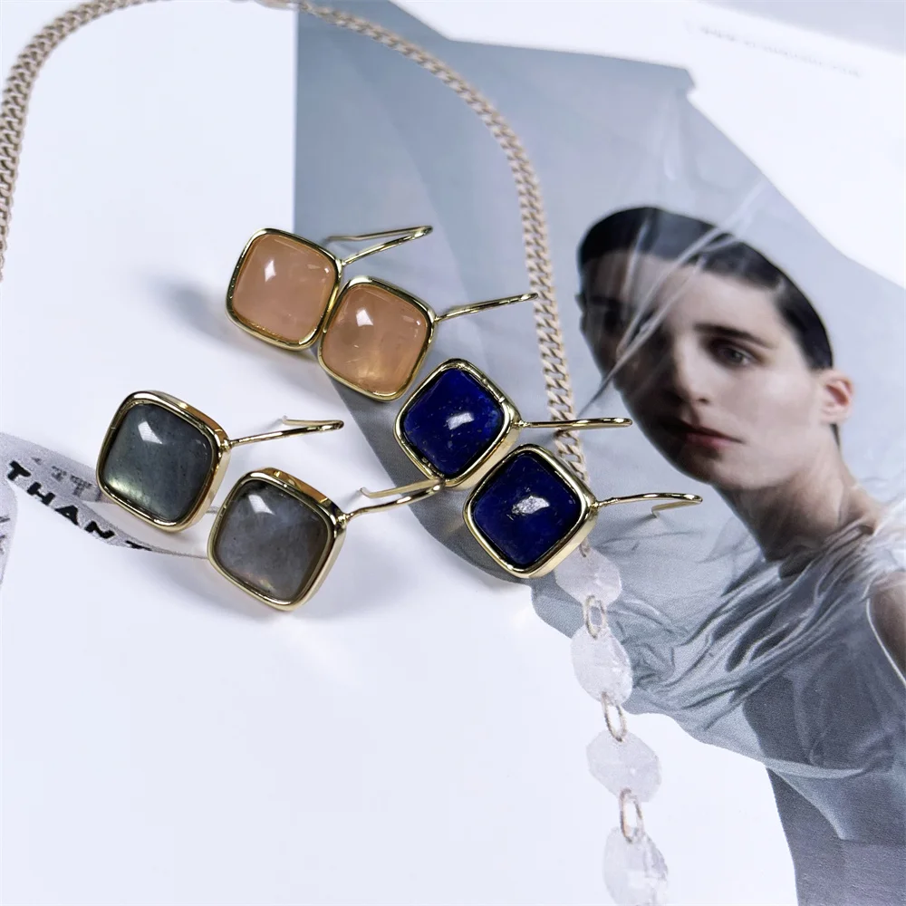 SHINYGEM الحجر الطبيعي مربع كريستال اللازورد اللابرادوريت بسيط الأذن اليدوية البوهيمي مجوهرات للنساء أقراط #2