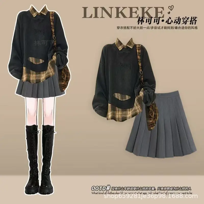 

Spring and Autumn Korean Fashion Fake Two-piece Temperament Top+pleated Skirt Elegant Women's Two-piece Set