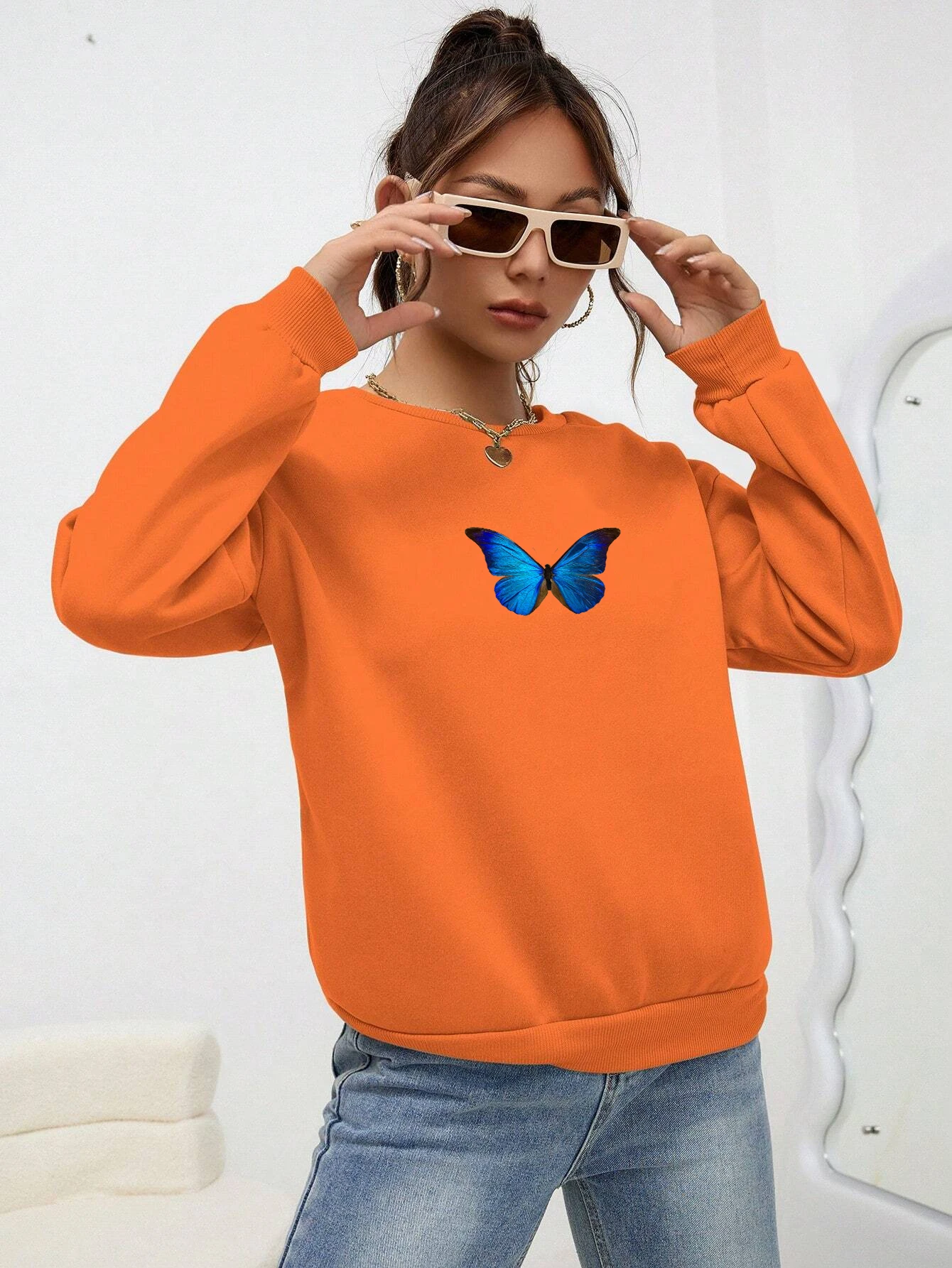 Blue Butterfly Printed Women Topsharajuku Loose Sweatshirt Fashion Fleece Warm Tracksuit Vintage Autumn Crewneck Clothes Female