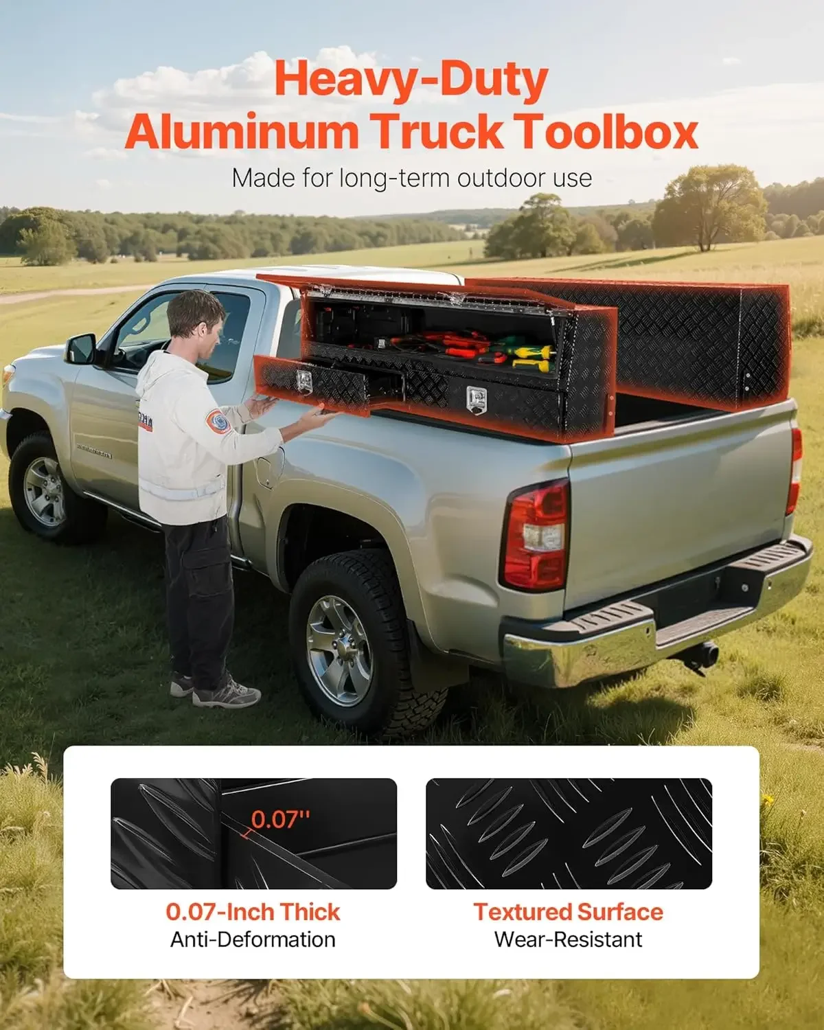 Contractor Truck Tool Box, 72 x 21 x 13 in, Black Tread Aluminum TopSider Toolbox with Two Lower Drawers, Flip Up Door