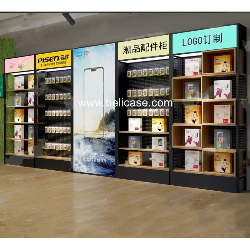 2025customized.Modern Phone Accessories Store Display Shelf Wooden Display Shelving Phone Repair Shop Fixture