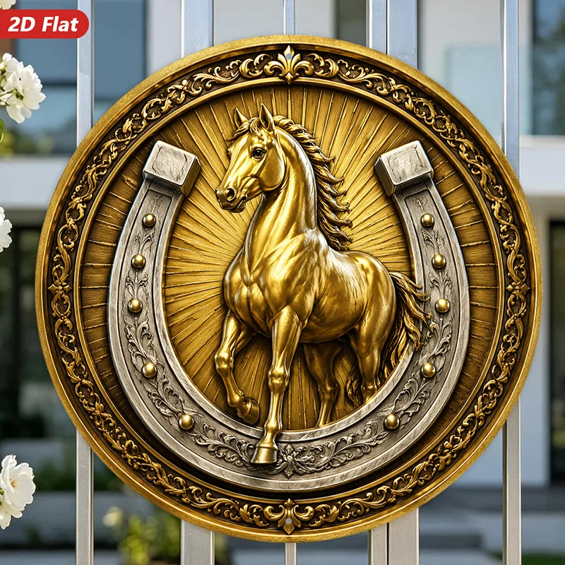 2D Flat, [2D Flat] 2D Flat Print 1pc Round Metal Iron Sign Golden Horse Emblem Wall Art, Golden Stallion Figure, Suitable for Co