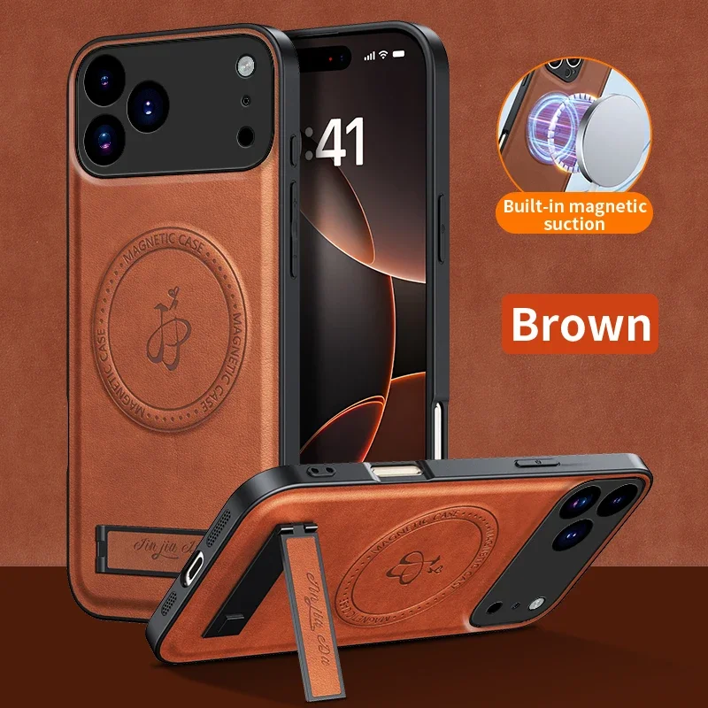 Leather Stand Case for IPhone 17 Pro Max 17 Pro Air Magnetic Holder Cover Mag-safe Charge Full Camera Protector Soft Shell Funda