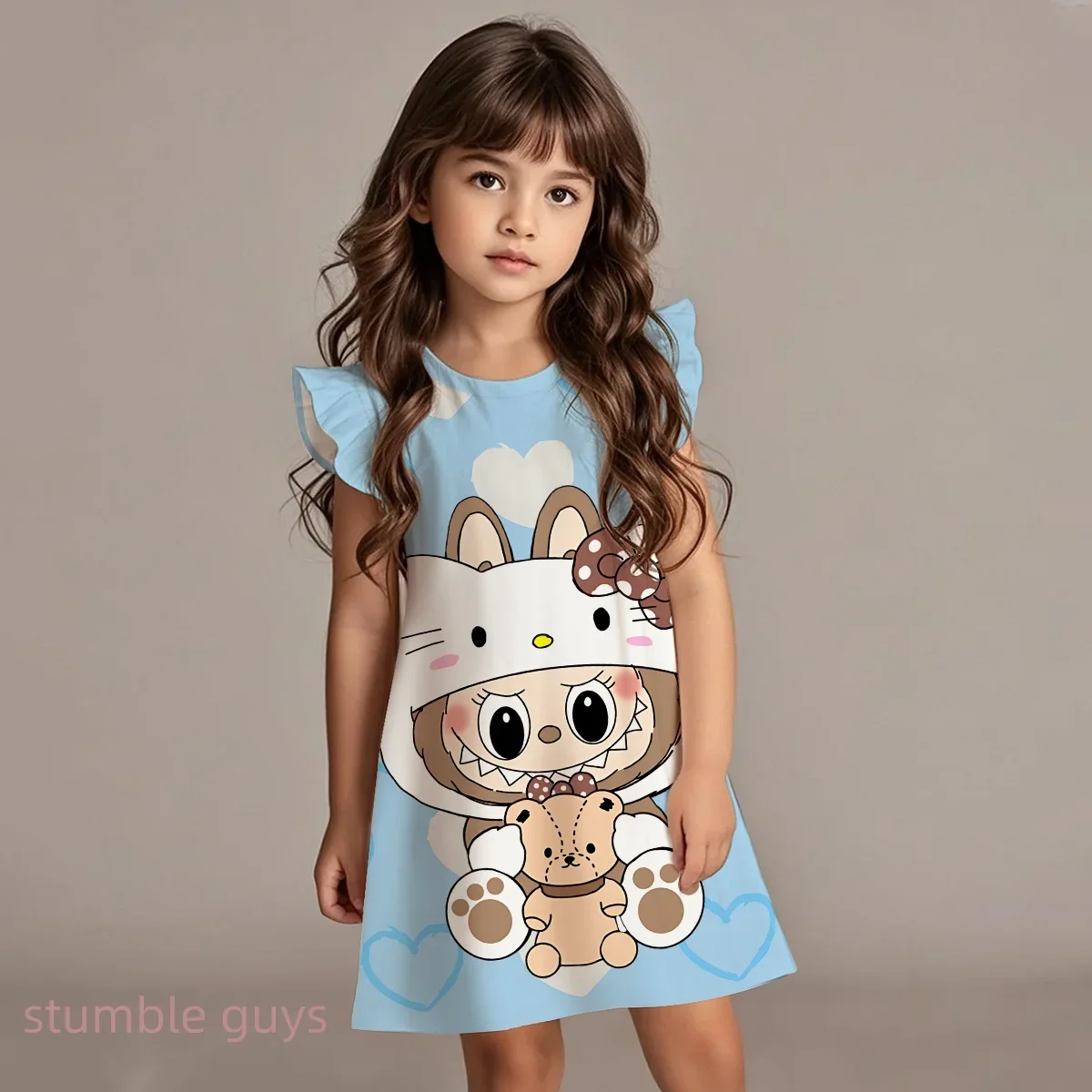 

New Lovely Monster Cartoon Labubus Printed Fly Sleeves Kids Dress Baby Girls Cotton Top Sets Girls Comfortable Costumes Skirt