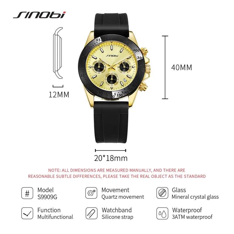 SINOBI Top Luxury Men\'s Watches Fashion Style Man\'s Quartz Wristwatches Chronograph Golden Men\'s Clock Male Relogios Masculino