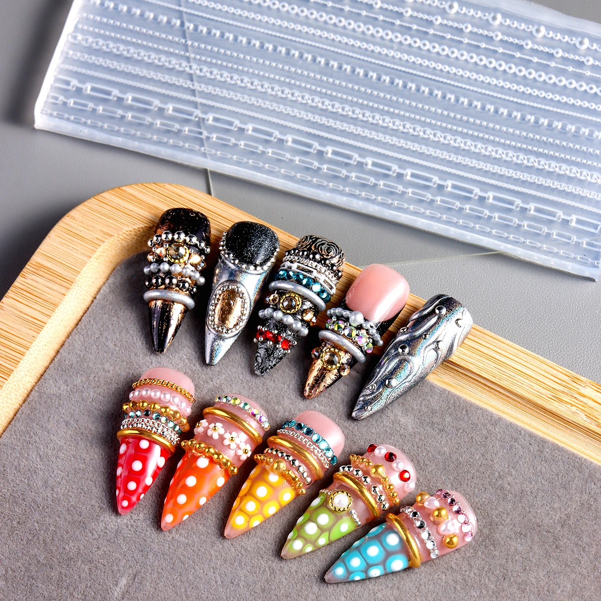 3D-Ketten-Silikon-Nagelform-Set, wiederverwendbare Nagelkunst-Schnitzschablone, doppelseitiger Stift, mehrere Kettenmuster, DIY-Schmuck-Deko – Detail 7