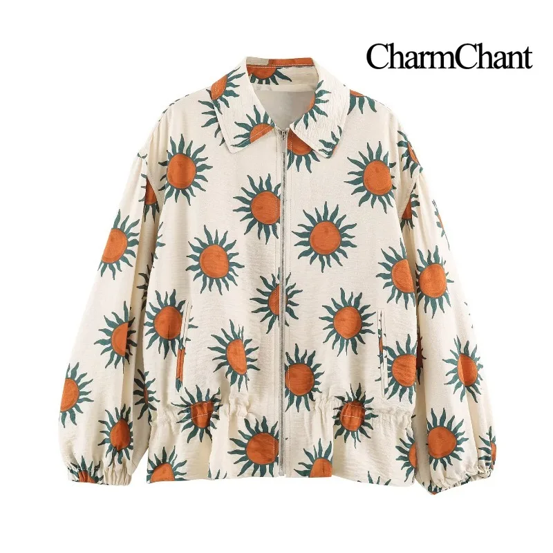 CHARMCHANT Women's Zip Up Jacket Loose Long Puff Sleeve Ruffle Hem Cropped Lightweight Outerwear Vacation Coat Spring 2026