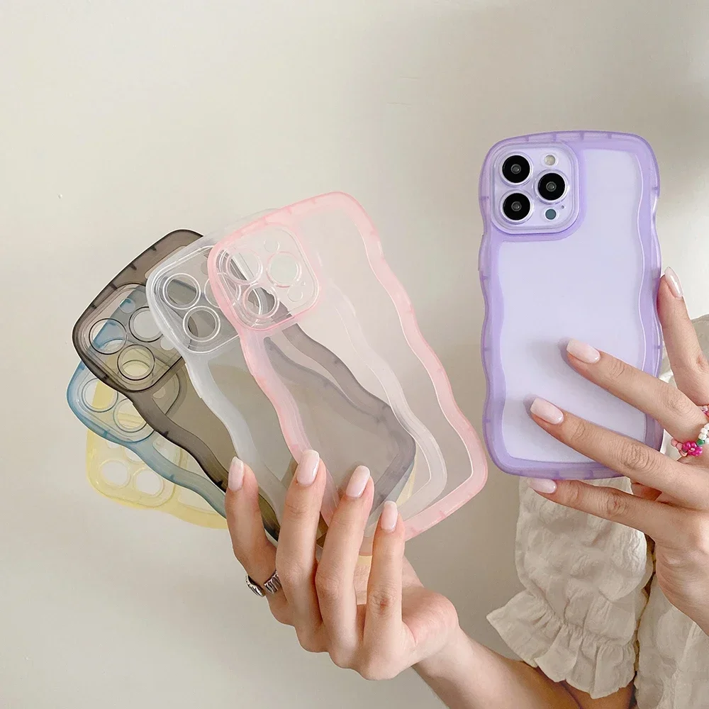Cute Transparent Curly Wave Phone Case For iPhone 16 15 14 13 12 11 Pro XS Max XR X 8 7 Plus SE Clear Soft Silicone Bumper Cover