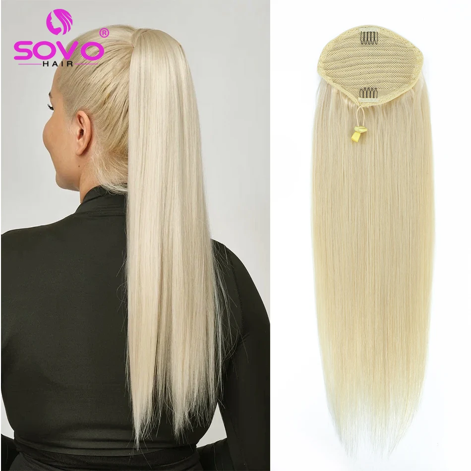 SOVO Drawstring Human Hair Ponytail Straight Brazilian Remy Hair Blond Highlight Ombre Clip In Ponytail Human Hair Extension